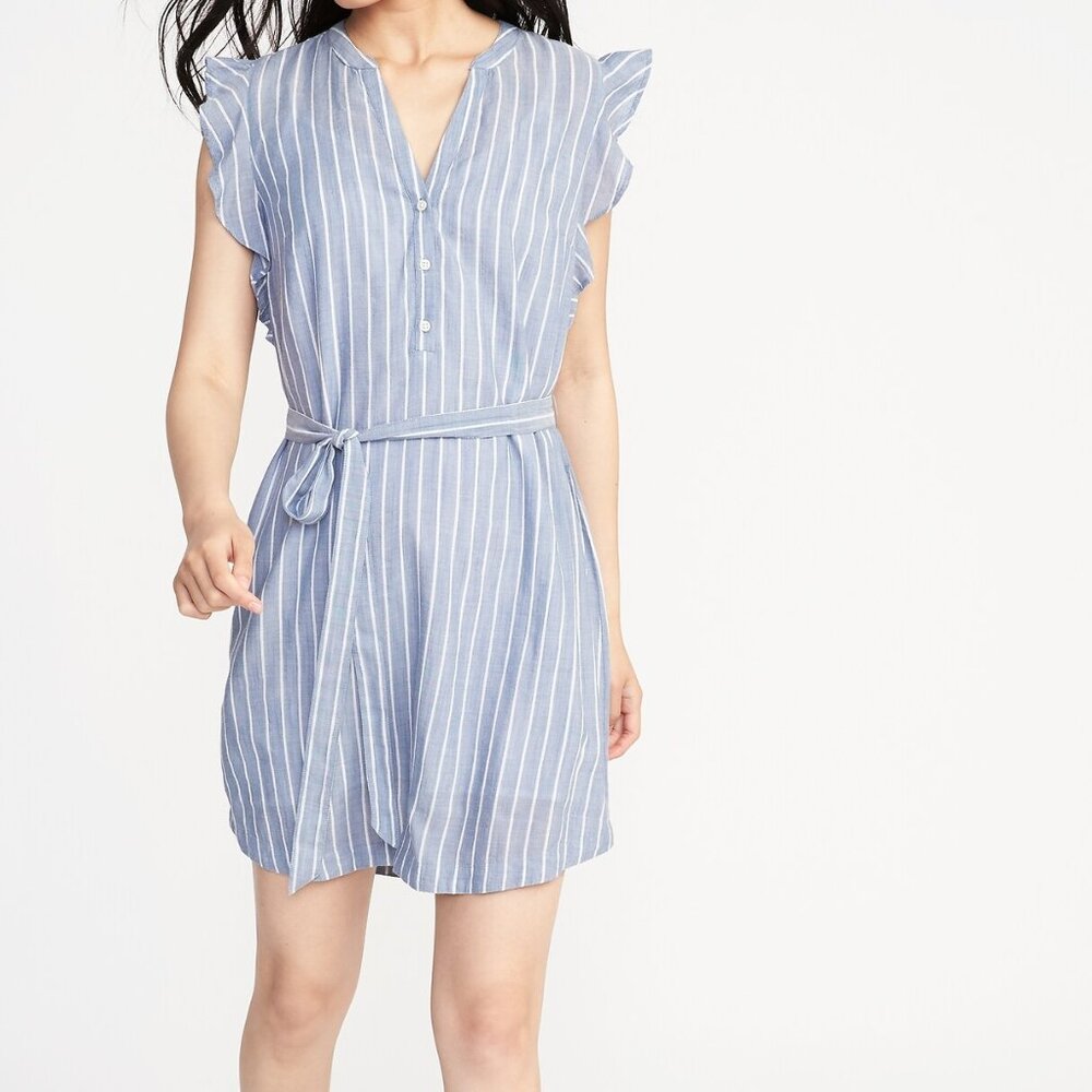 TO RELIST -Old Navy Flutter Sleeve Tie-Belt Shirt Dress - Chambray Stripes, Sz S - Picture 3 of 16